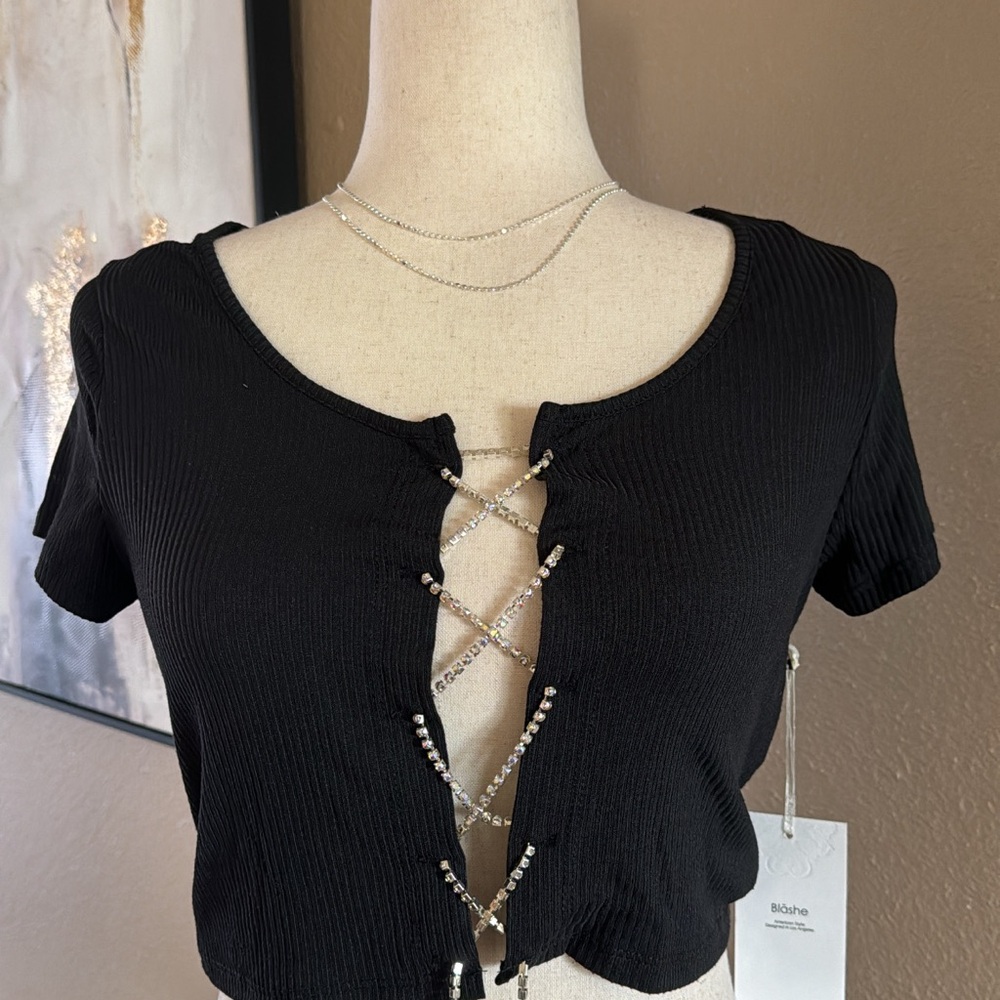 Crop rhinestone lace up top in black - Picture 5 of 6